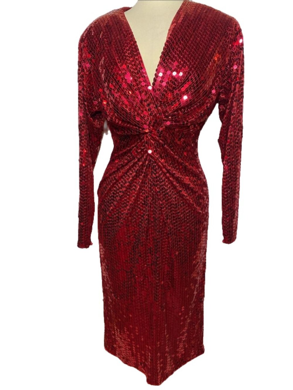 Oleg Cassini Red Long-Sleeve Sequin Twist-Front Dress
